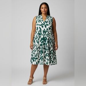 Tropical Leaf Print Tiered Babydoll Midi Dress